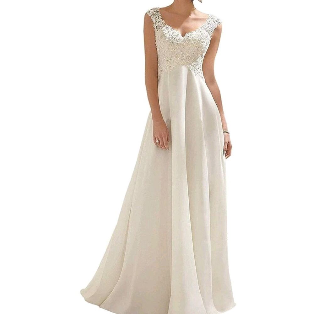 Abaowedding Women Wedding Dress Lace Double V-Neck Sleeveless Evening Dress US 6
